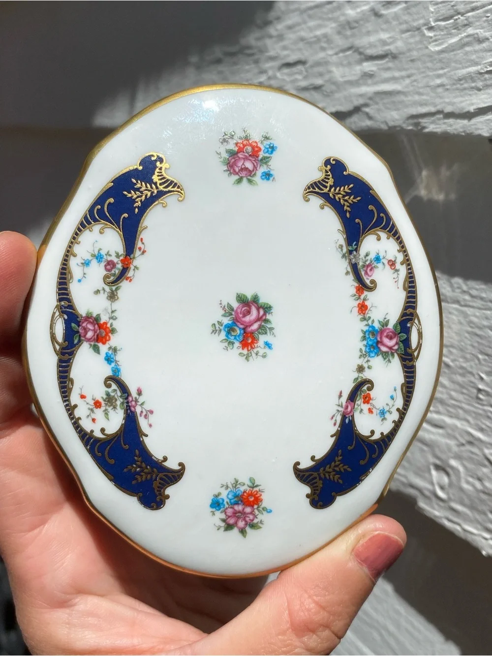 Vintage Portugal Porcelain Trinket Dish Delicate Floral Blue Gold Design